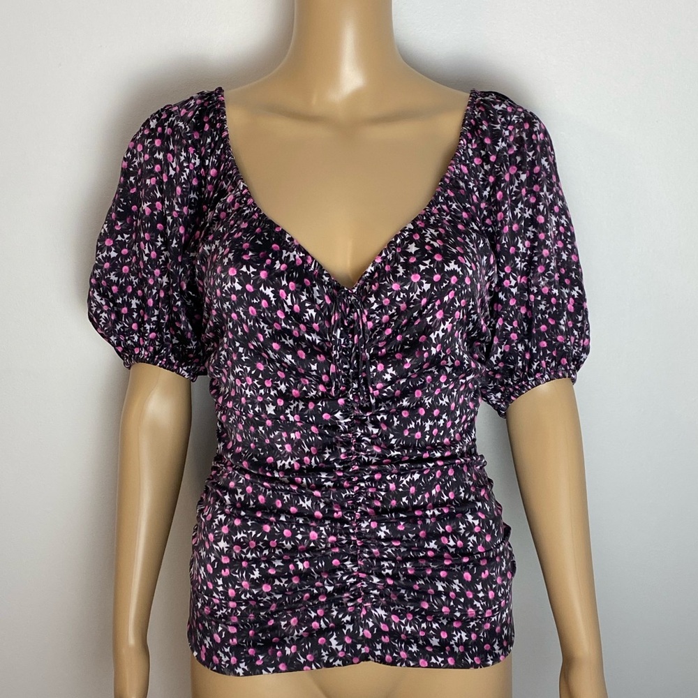 Ganni Ruched Floral Silk Top Puff Sleeve US 4